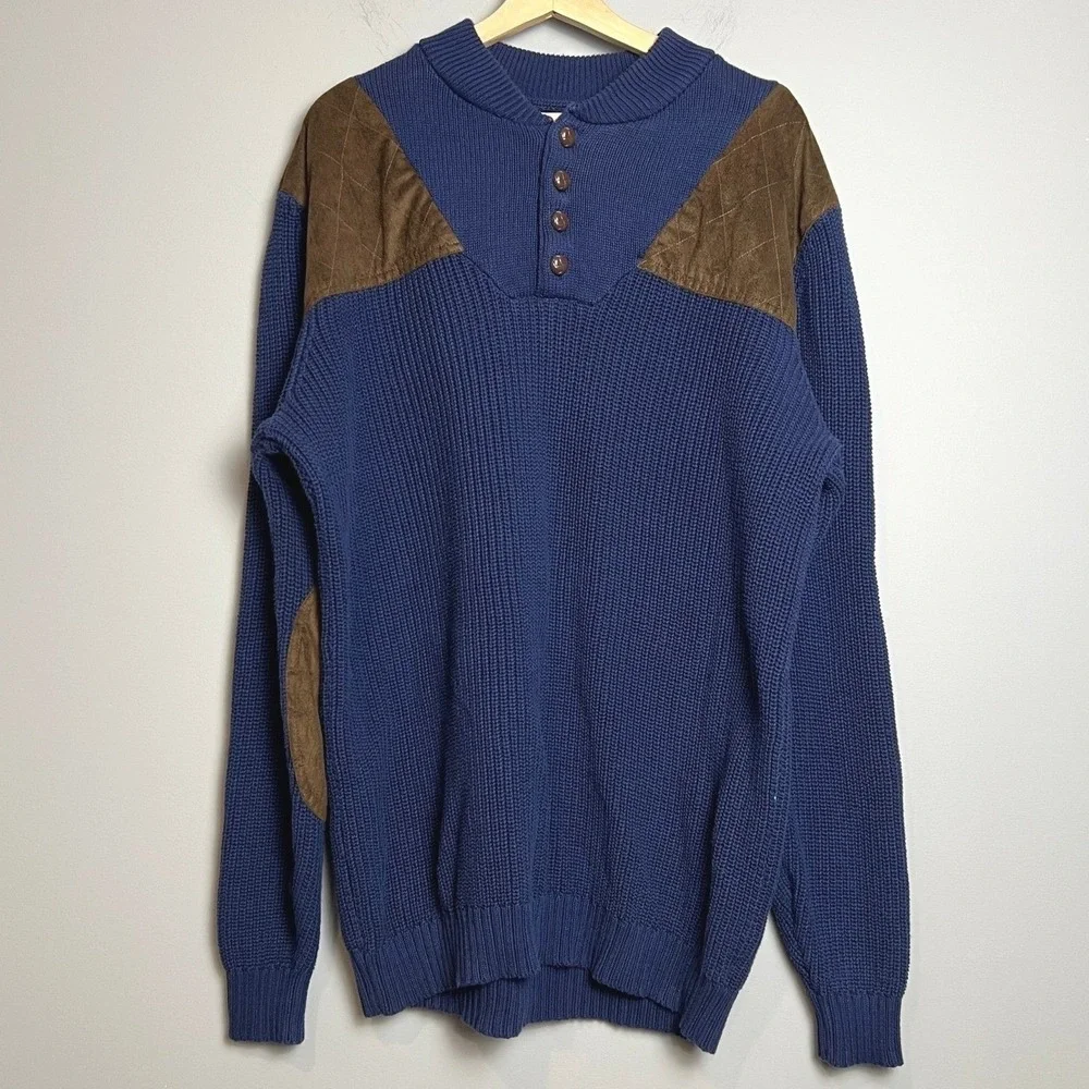 Vintage Boulder Creek Trading Co Sweater XLT‎ Blue Suede Elbow Patch